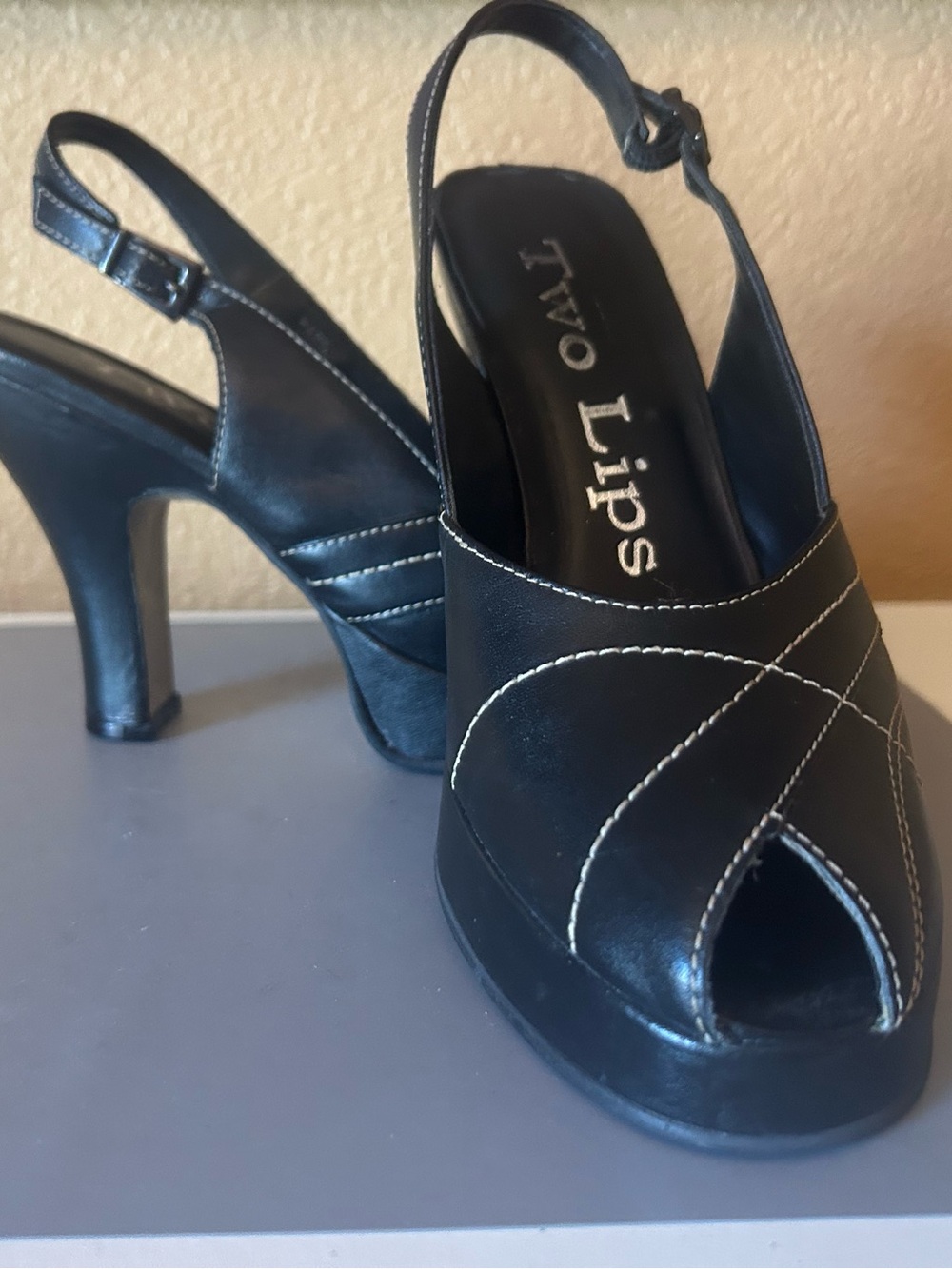 Two Lips “Marilyn” Retro Black Peep-Toe Slingback Heels with Contrast Stitching